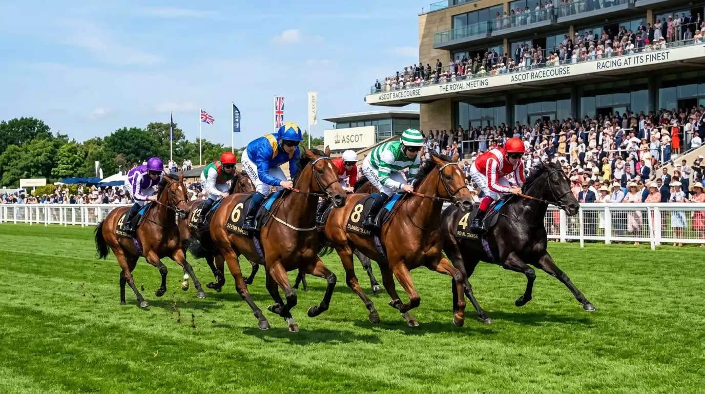 Thoroughbreds racing on green turf at premier British Flat racecourse in summer