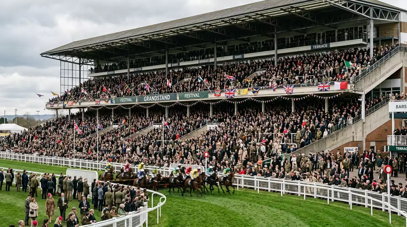Crowded racecourse grandstand during a major UK horse racing festival