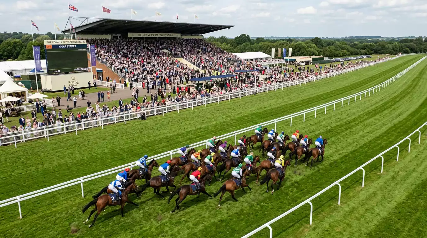 Large field handicap horse race with sixteen plus runners at British racecourse