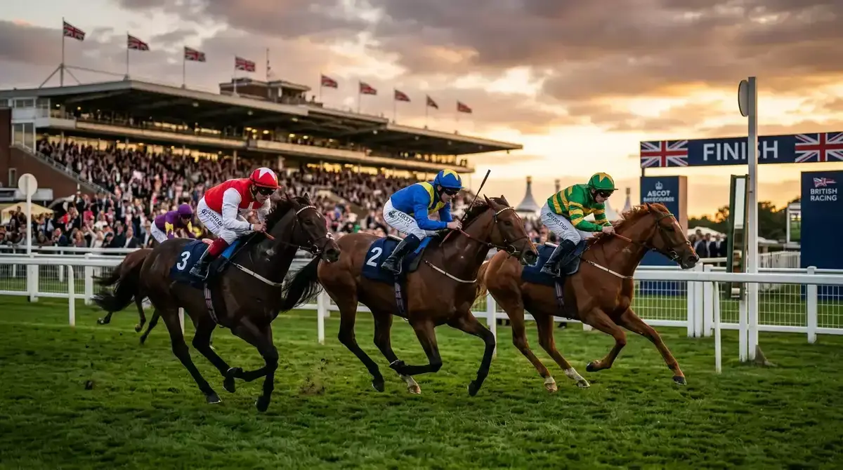 Horse racing at a British racecourse with dramatic sunset lighting