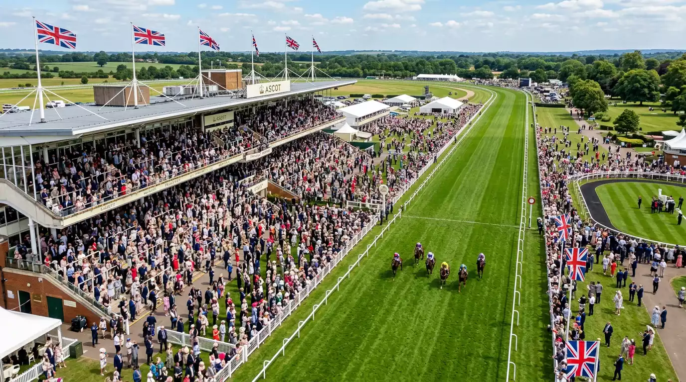 UK racecourse grandstand with spectators on race day