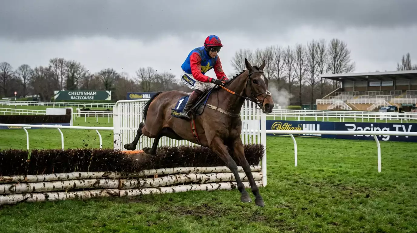 Steeplechase horse jumping birch fence at UK racecourse