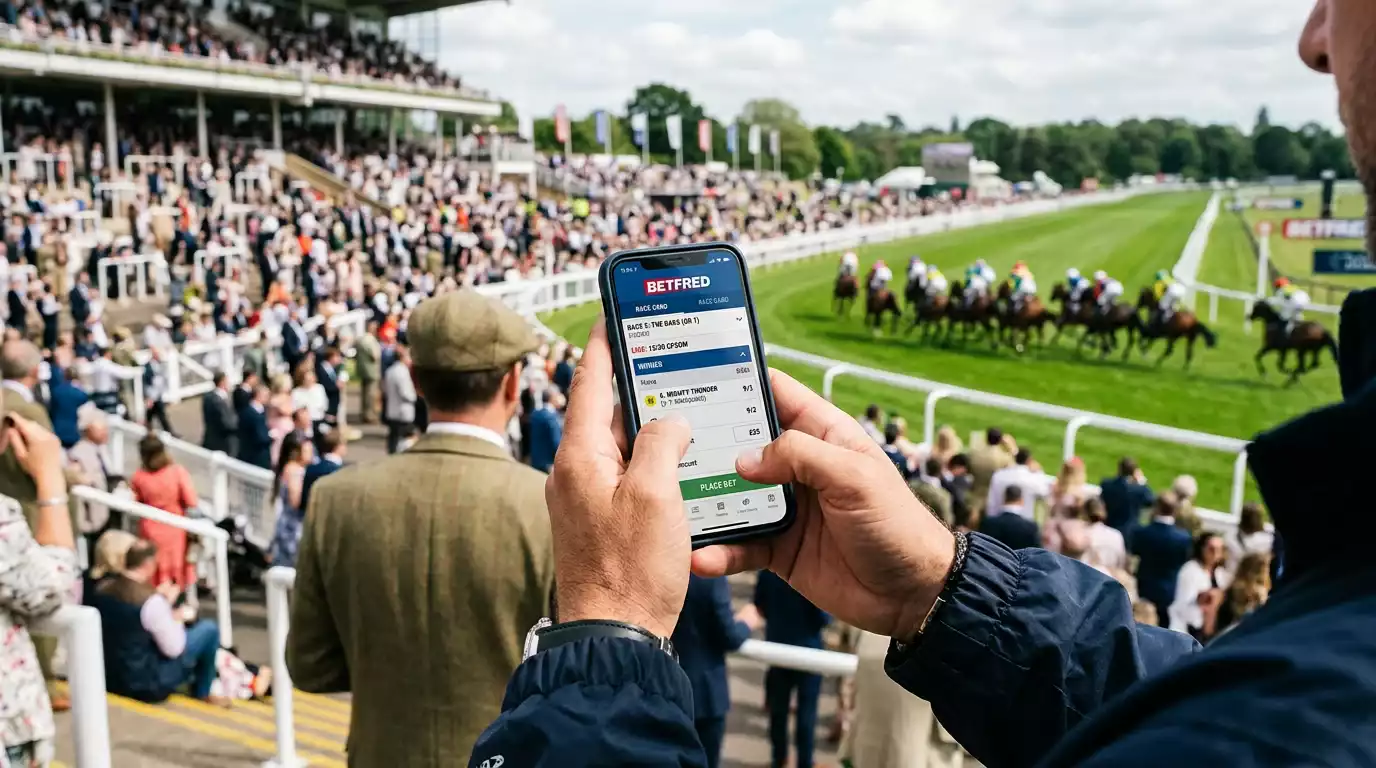 Smartphone with betting app at British racecourse with horses in background