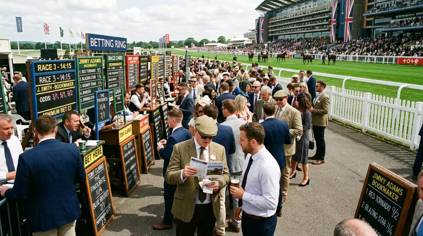 Betting ring at British racecourse with bookmaker pitches and punters