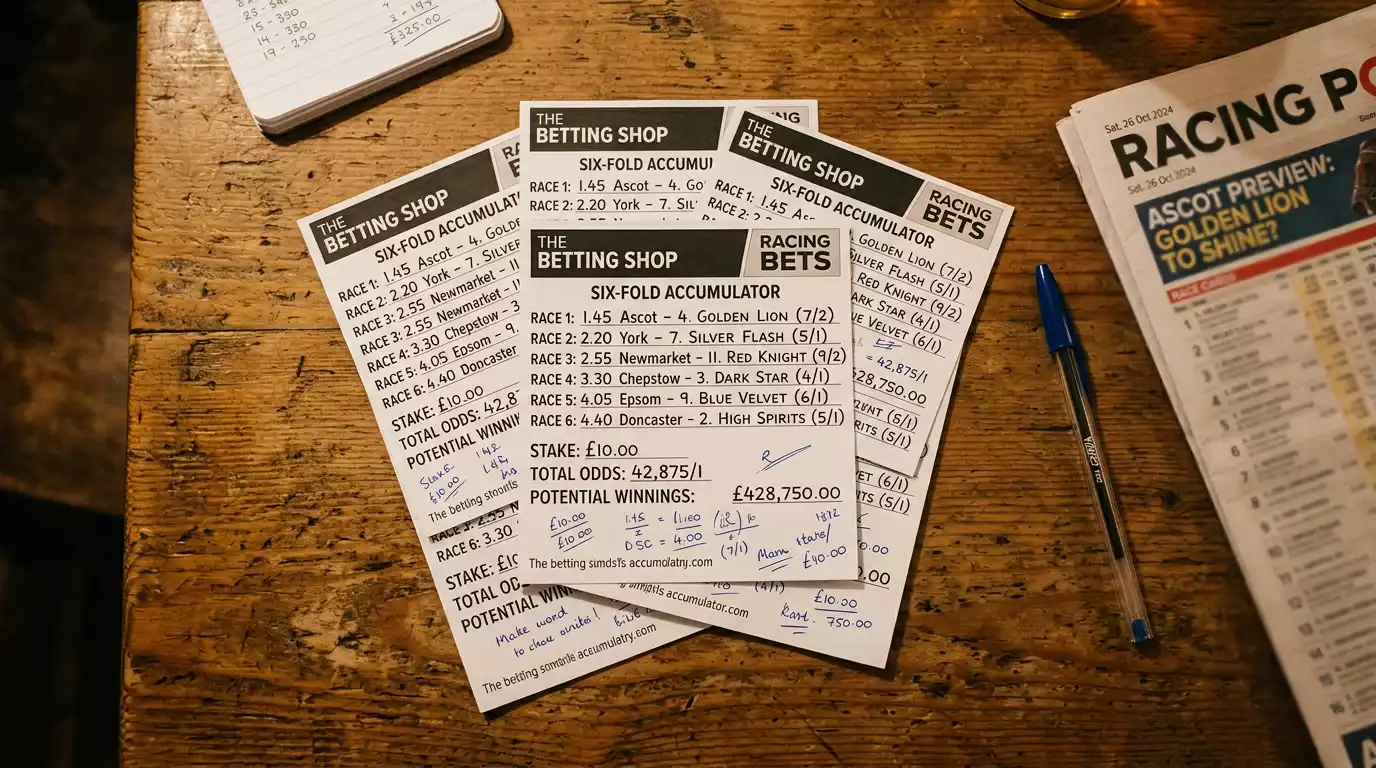 Multiple betting slips showing accumulator selections with racing newspaper