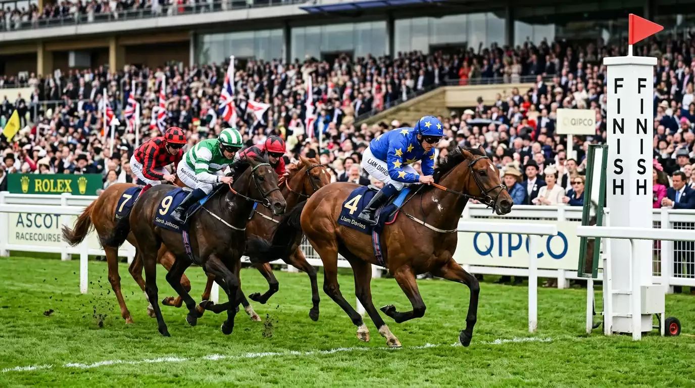 Horse racing finish line with jockeys competing for place positions