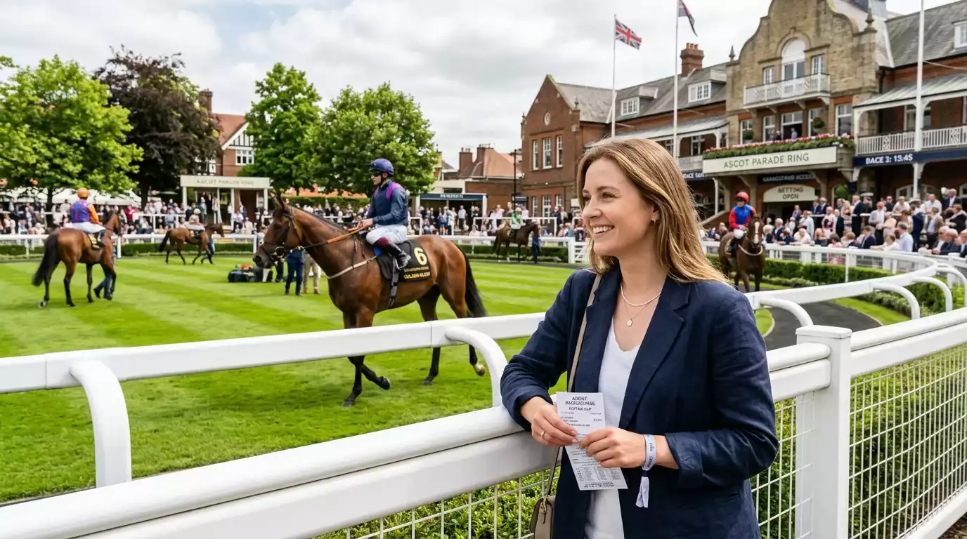 Beginner at British racecourse holding betting slip while watching horses in paddock