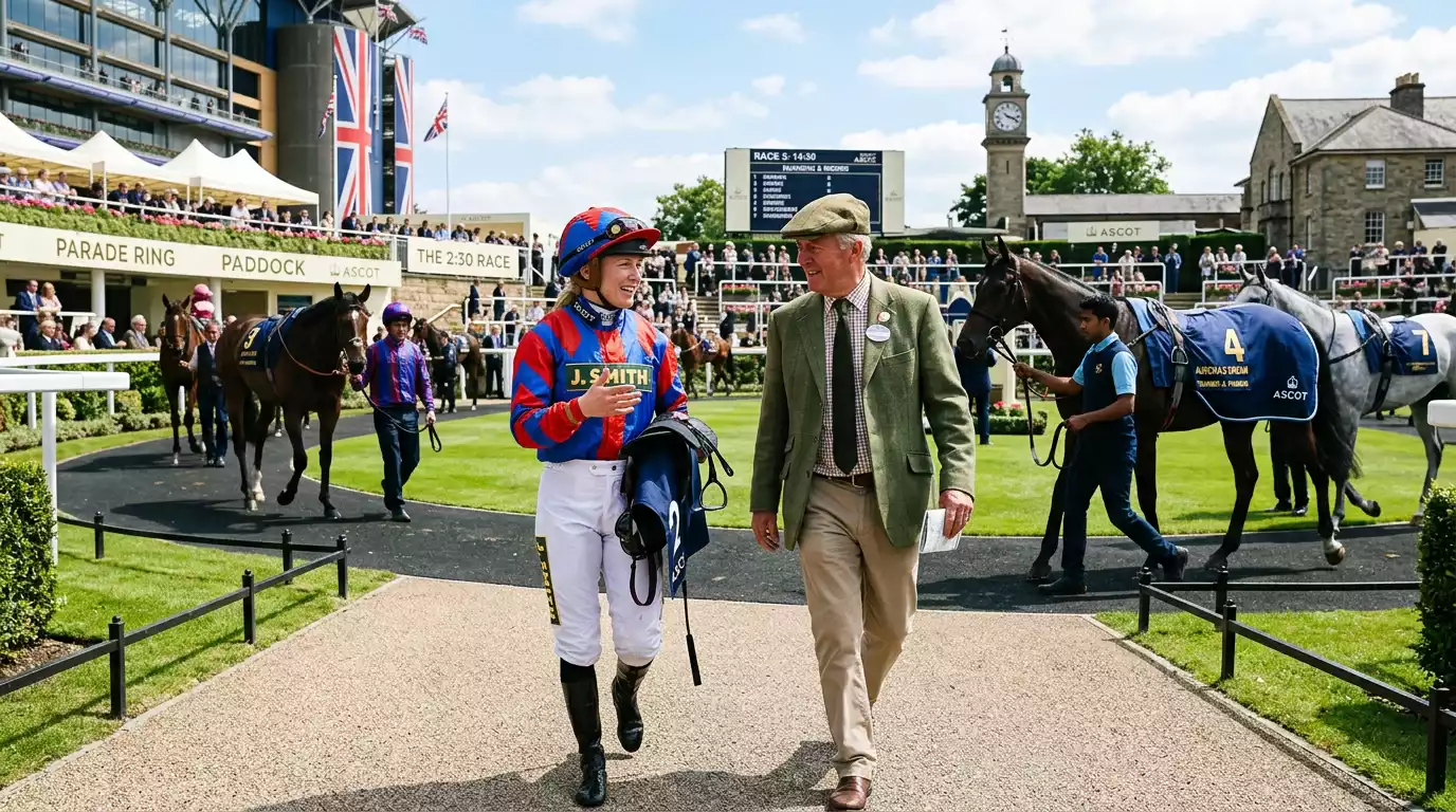 Jockey and trainer discussing strategy in racecourse paddock