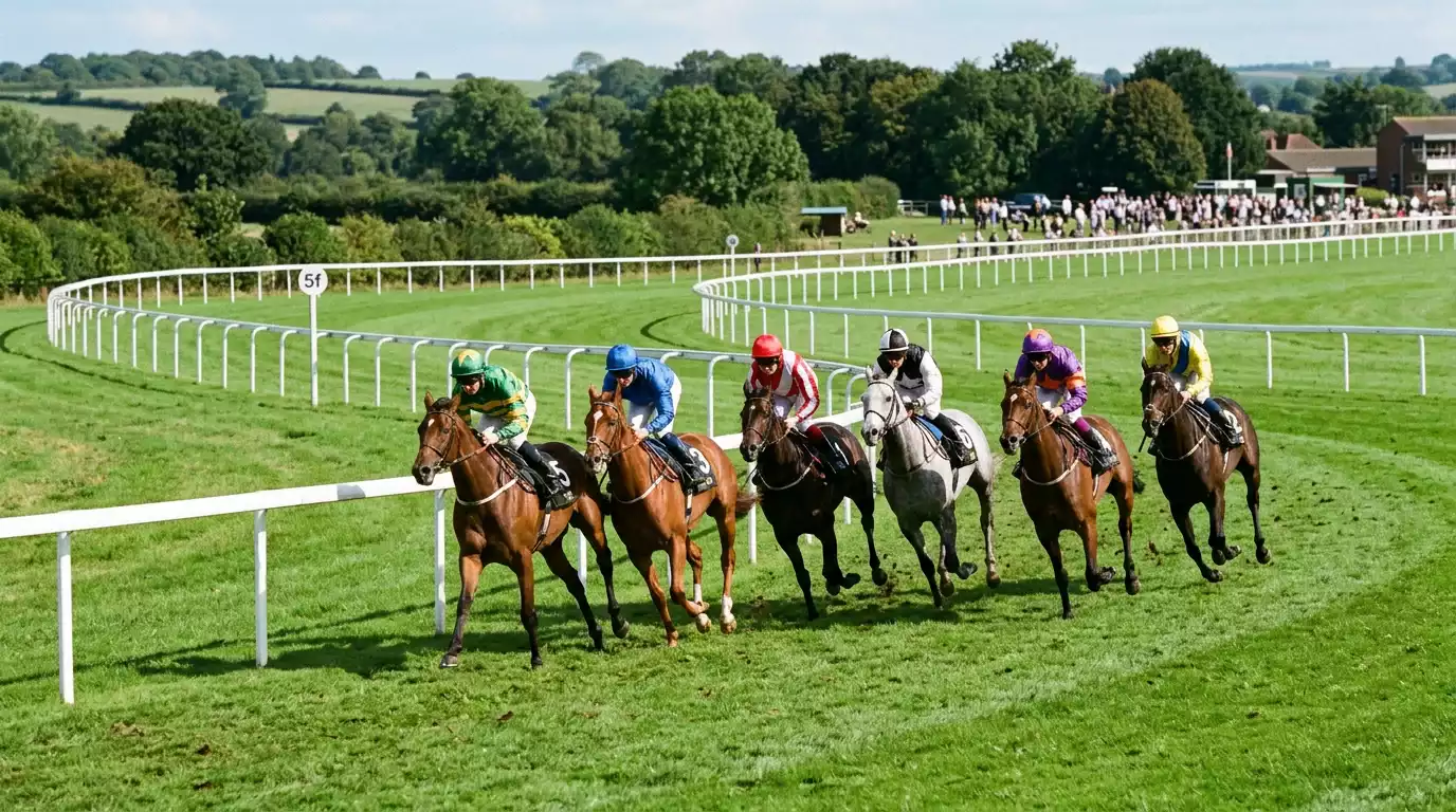 Small field of five horses racing closely at British turf racecourse