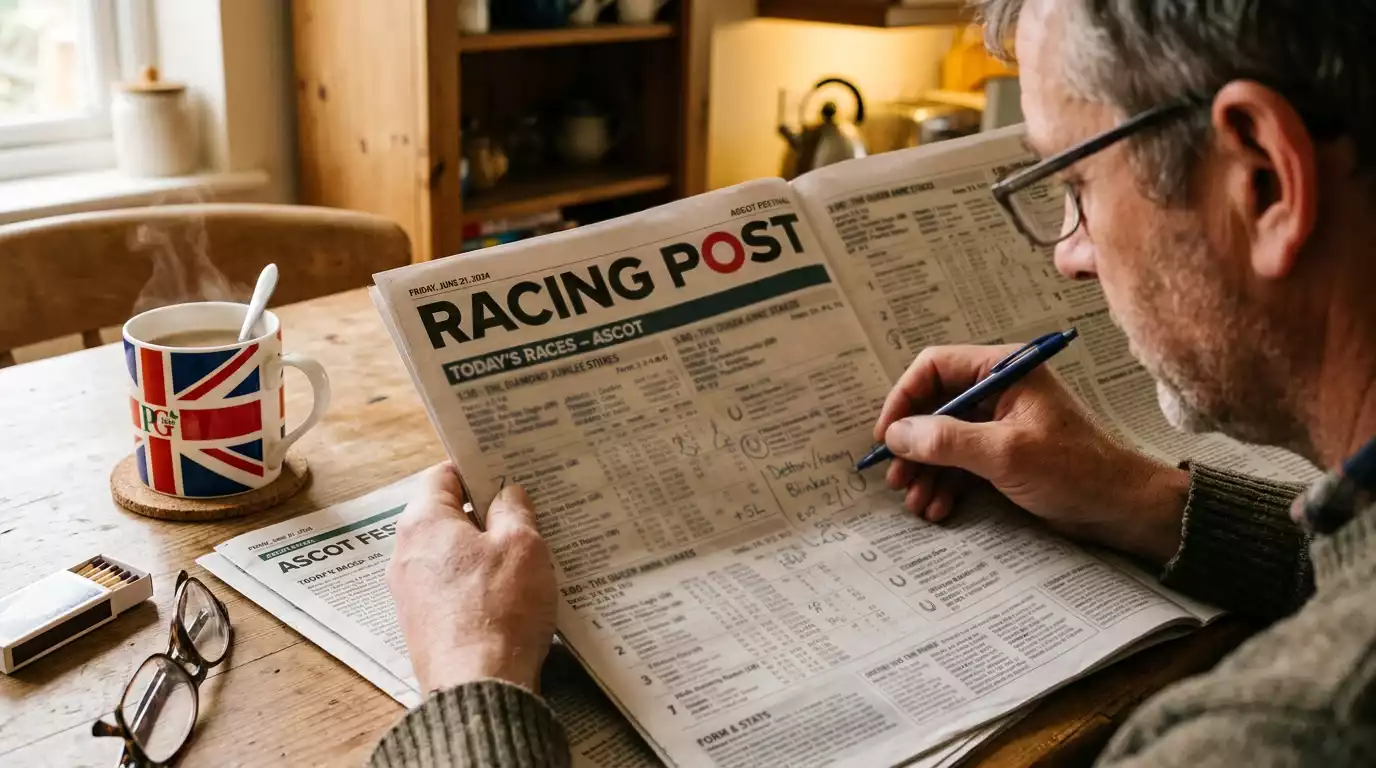Person studying racing form guide newspaper making notes for betting analysis