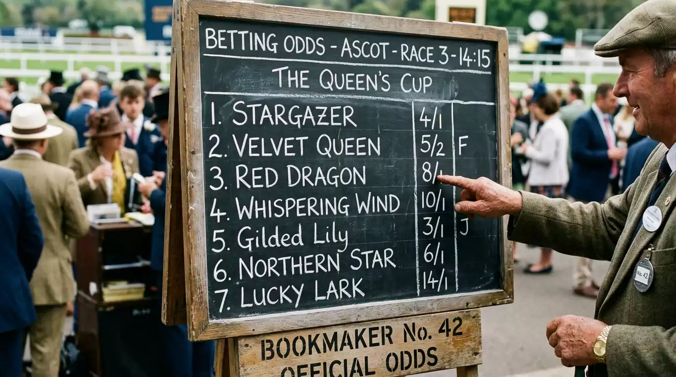 Bookmaker odds board showing fractional odds at British racecourse betting ring