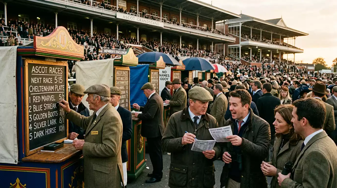 Traditional UK racecourse with on-course bookmakers and betting ring