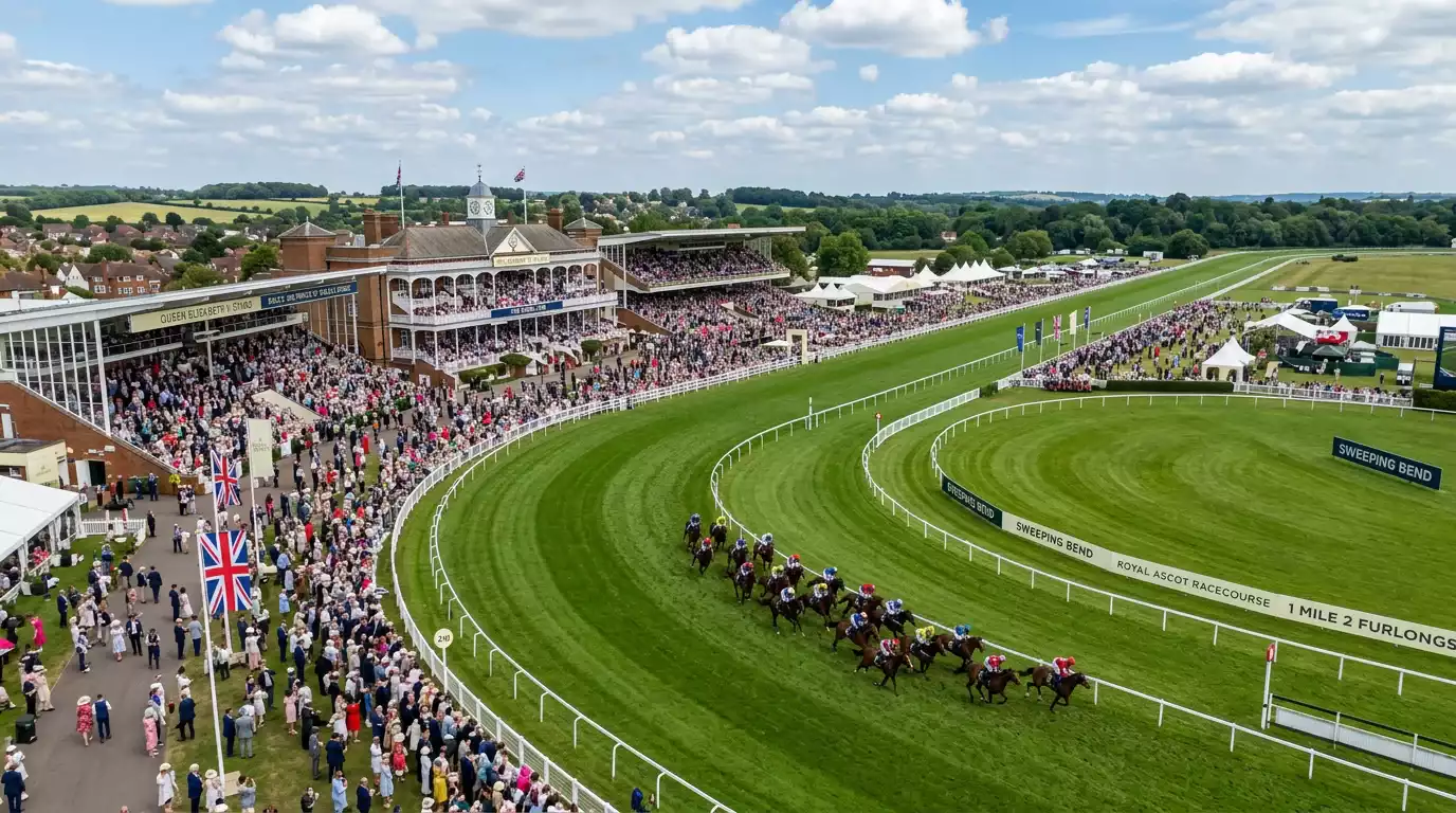 Large field of horses racing at a UK racecourse with packed stands