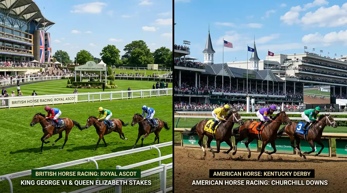 British turf racecourse and American dirt track comparison showing different racing traditions